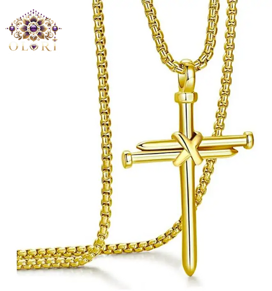 Golden Stainless Steel Nail Cross Pendant Necklace for Men with Box Chain Polished